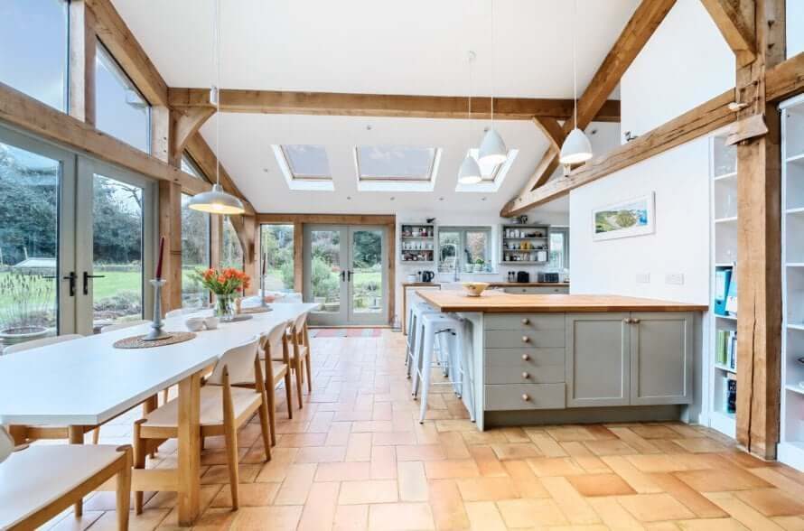 Open plan oak frame kitchen